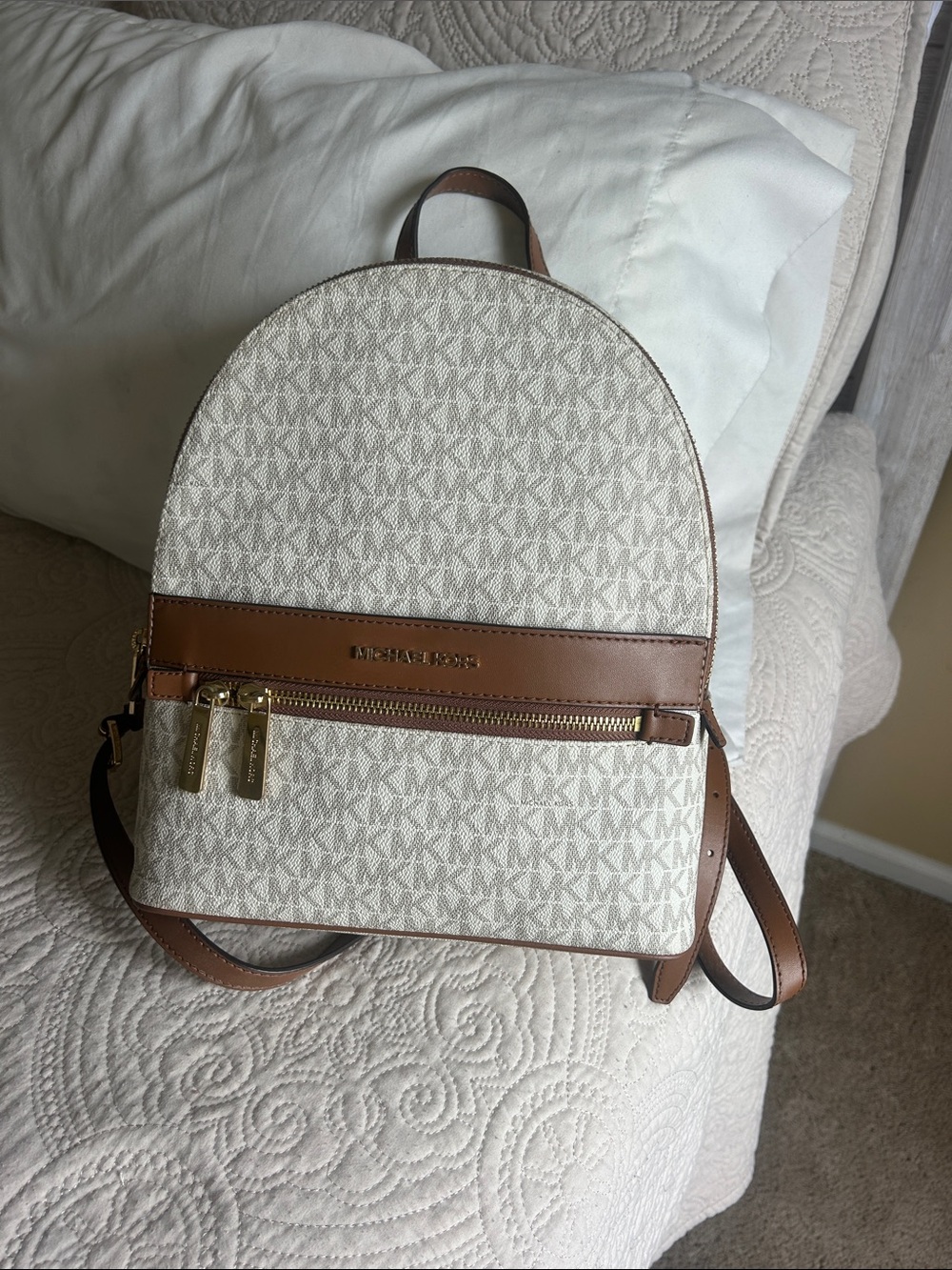 Michael Kors Cream and Brown Monogram Mini Backpack